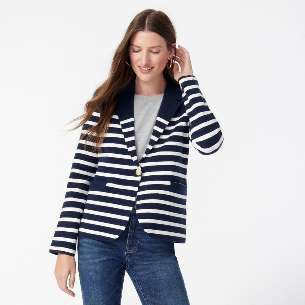 J Crew Camille Shrunken Sweater Blazer Navy Blue Striped Preppy Womens Small
